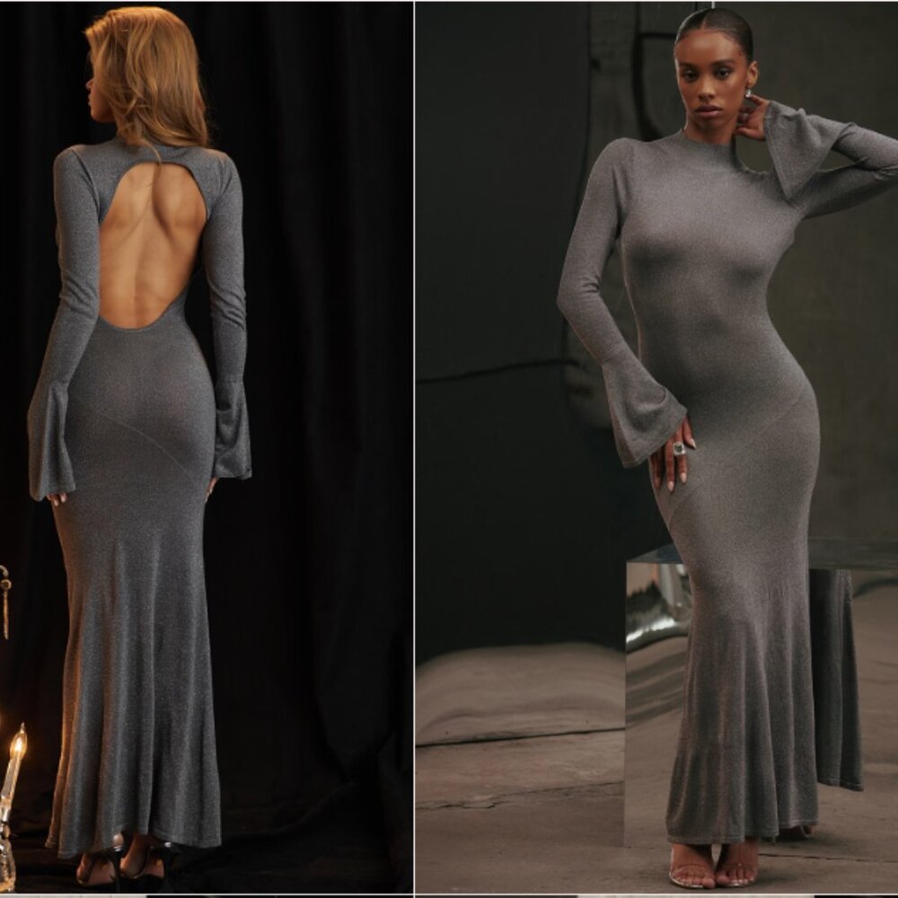 House of CB 'Sancha Steel Metallic Shimmering Long Sleeve Maxi Dress NWOT